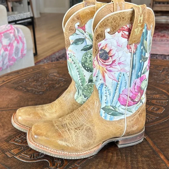 Tin Haul Tan Leather Cowboy Boots with bright floral pattern - Picture 12 of 12